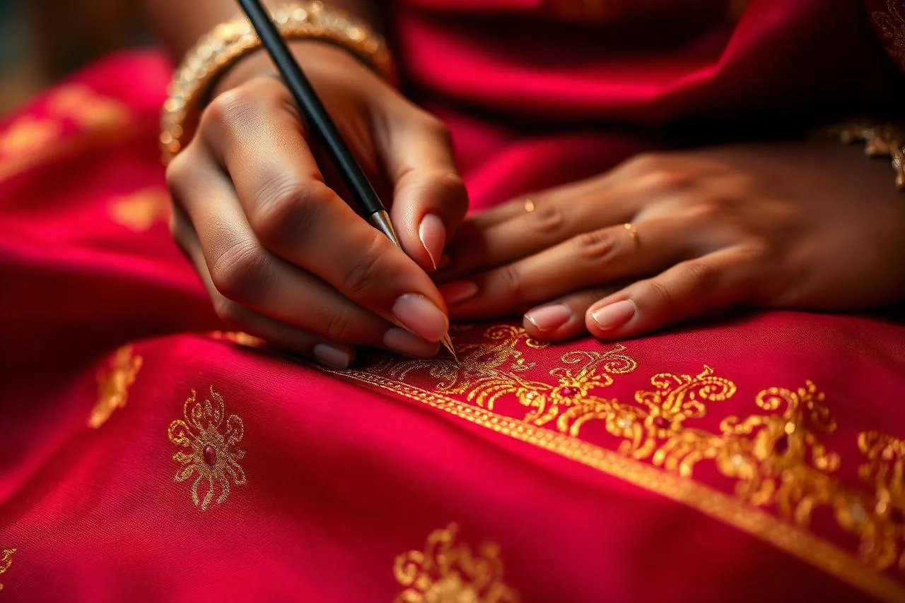 Master artisan hand-embroidering zardozi on bridal lehenga at Le Wraps Delhi boutique