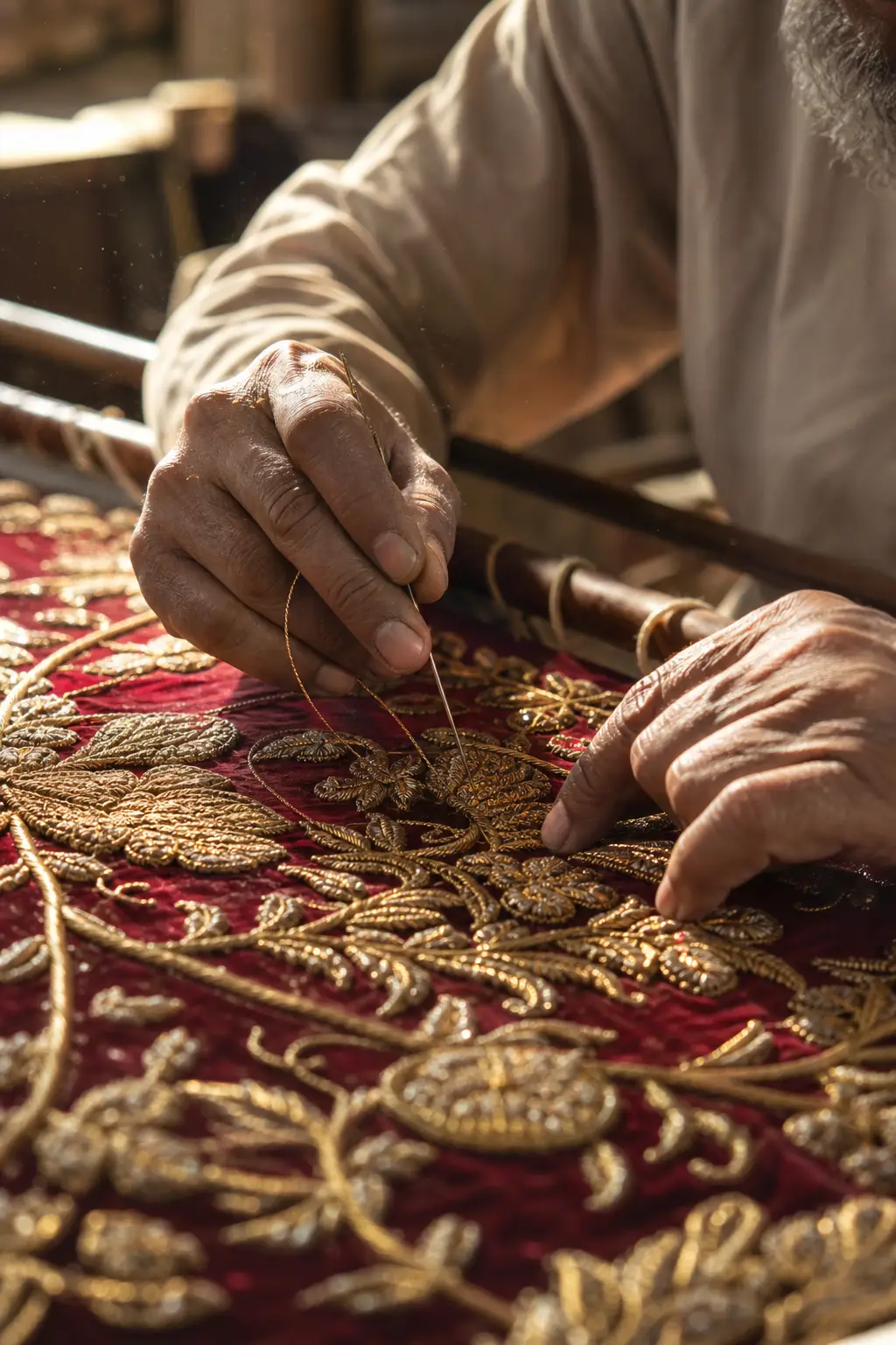 Master artisan hand-embroidering zardozi on bridal lehenga at Le Wraps Delhi boutique