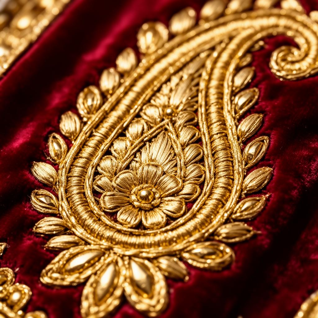 Pure gold karam kalabattu hand embroidery on red velvet bridal fabric, Le Wraps Delhi