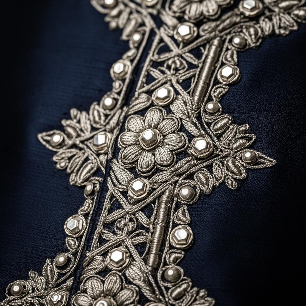 Real silver tilla and badla hand embroidery on navy raw silk sherwani, Le Wraps Delhi