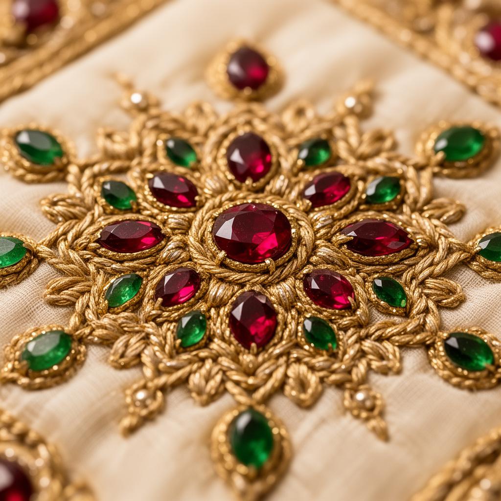 Suchak hand embroidery with rubies and emeralds on ivory silk, Le Wraps Delhi