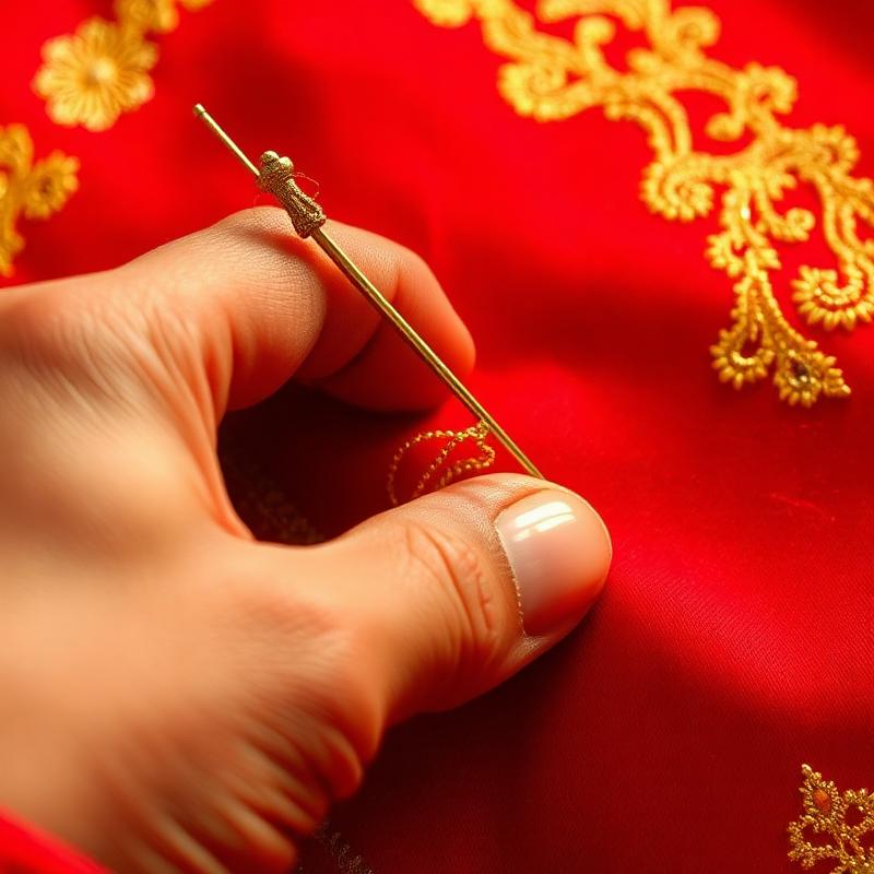 Hand zardozi gold embroidery on red bridal silk at Le Wraps Delhi atelier