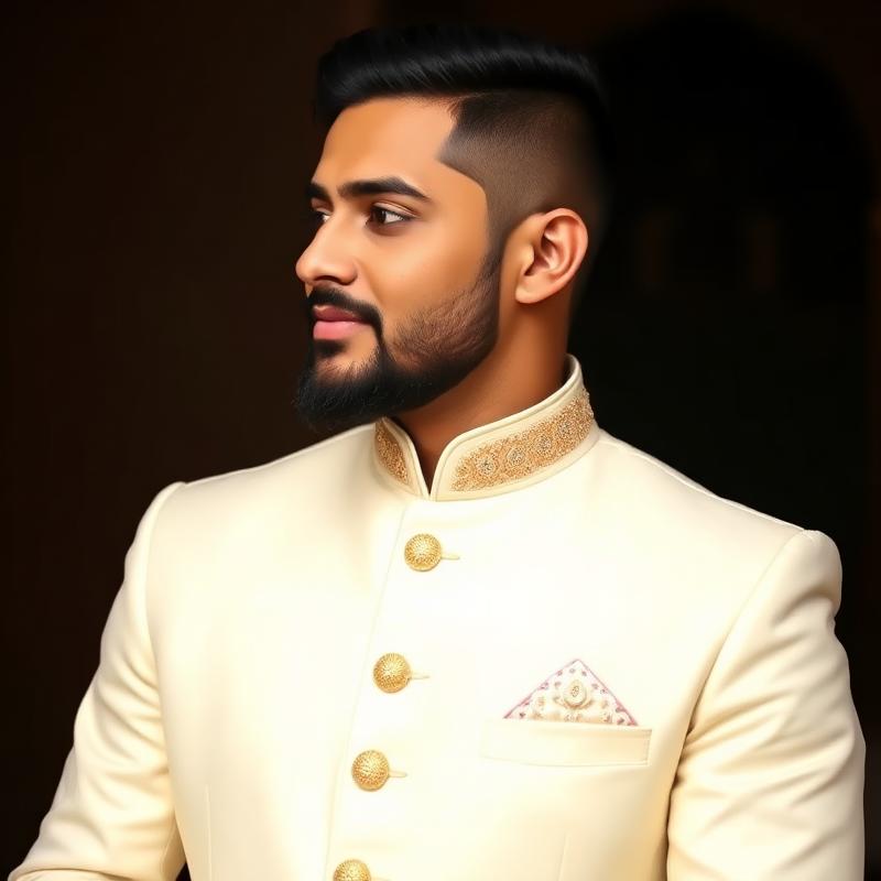 Groom in cream sherwani with hand-worked gold buttons by Le Wraps