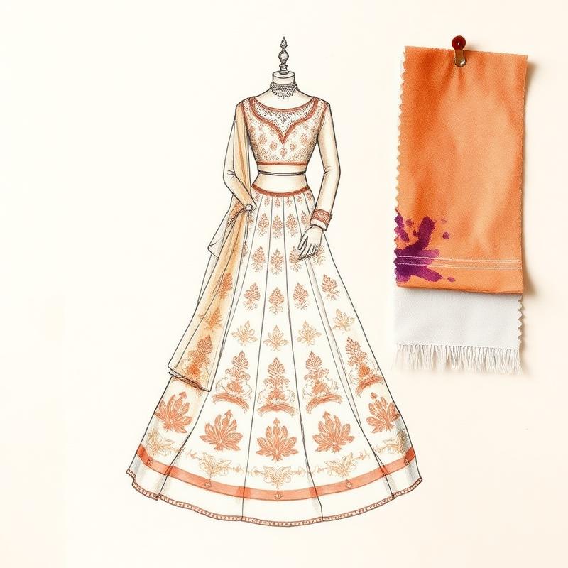 Hand-illustrated bridal lehenga sketch with fabric swatch — Le Wraps atelier